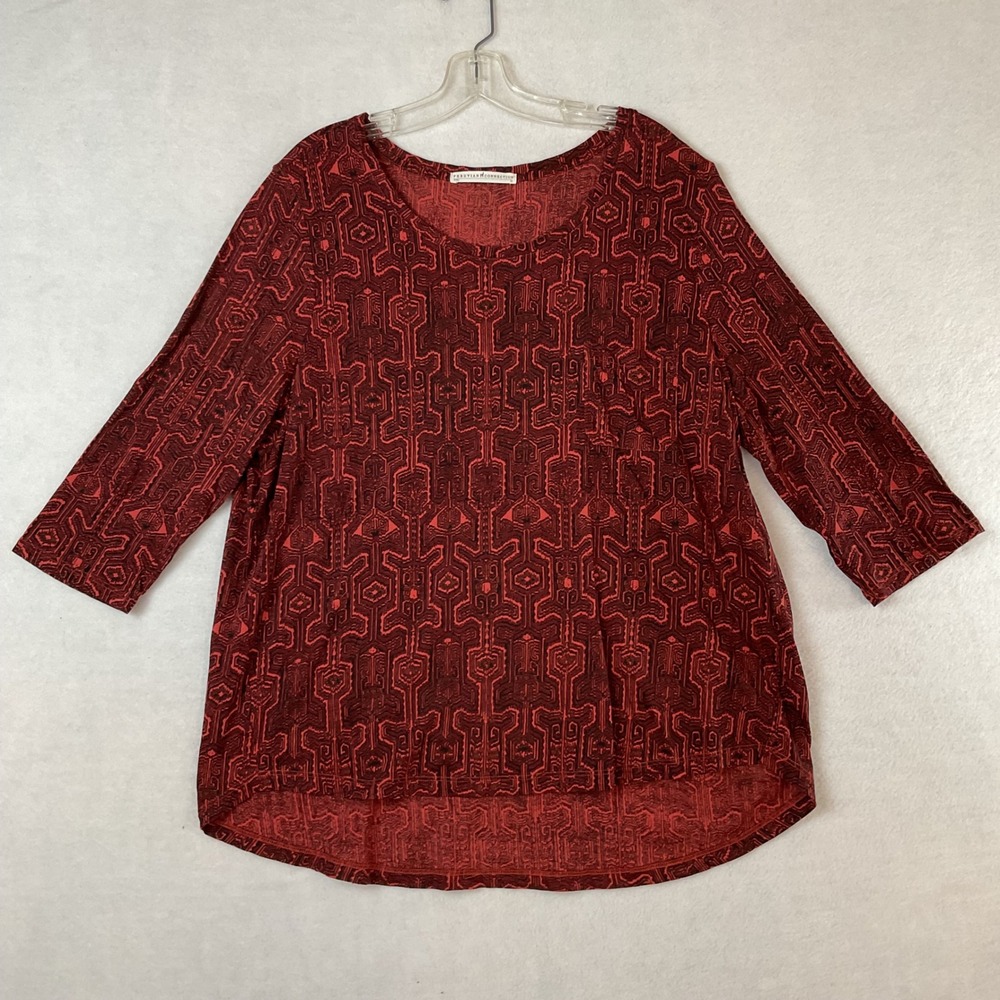 Peruvian Connection Red Geometric Pima Cotton 3/4 Sleeve Tunic Top XL